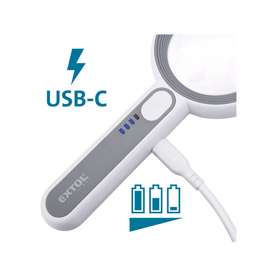 EXTOL LIGHT lupa se světlem, čočka 61mm, zvětšení 6* + 12*, 16 LED diod, USB-C nabíjení, 43163