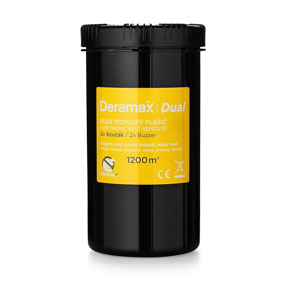 DERAMAX Dual vibrační elektronický plašič, (krtci,hraboši,hadi), kruh 40m, zdroj 4* velké mono