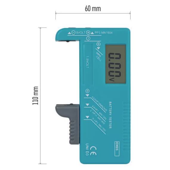 EMOS univerzální tester baterií LCD (AA, AAA, C, D, 9V, knoflíkových), N0322