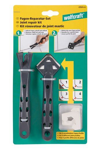 WOLFCRAFT sada škrabek pro opravu starých silikonových spár, nůž + stěrka s nástavci, 4364000