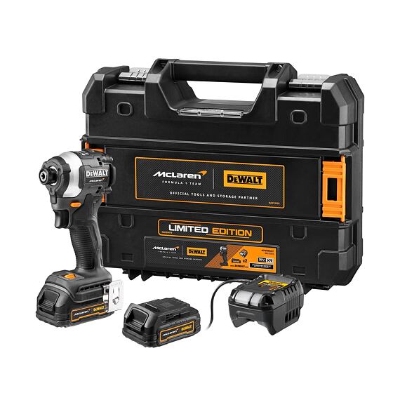 DeWalt DCF85ME2GT aku rázový uťahovák 18V/2*1,7Ah, 1/4", 26/170/206Nm, edícia McLaren F1