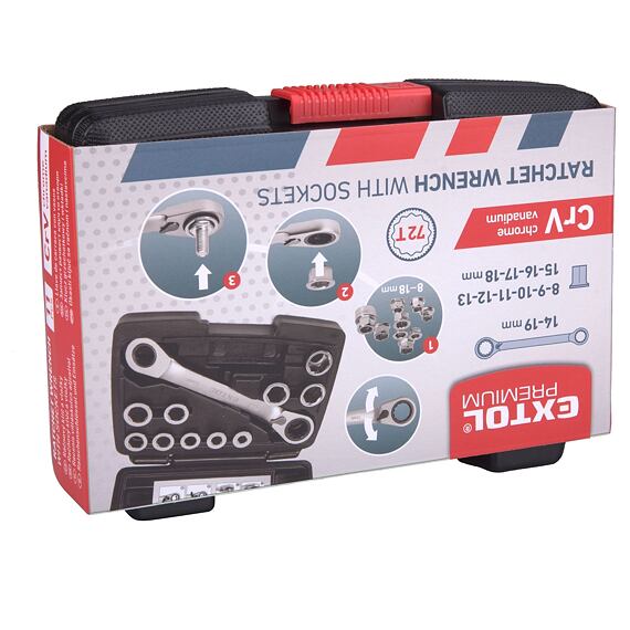 EXTOL Premium klíč ráčnový tvarovaný, sada 11ks vložek 8-19mm, CrV, 8816101