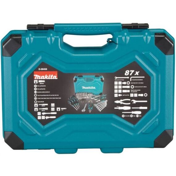 MAKITA E-08458 súprava ručného náradia 87-dielna (hlavica 1/2", kliešte, skrutkovače, bity)