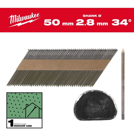 MILWAUKEE 4932492599 hřebíky 34 D hlava 50mm, kroužkový dřík, ocel RS B SC1 2200 ks