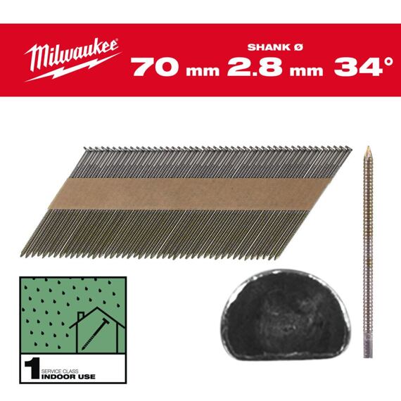 MILWAUKEE 4932492601 hřebíky 34 D hlava 70mm, kroužkový dřík, ocel RS B SC1 2200ks