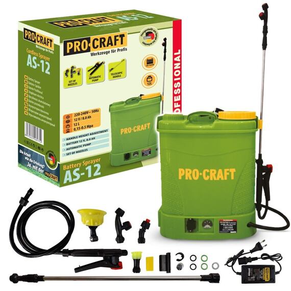 PROCRAFT AS-12 aku postřikovač 12l, 12V/8Ah, průtok max.3,1l/min., příslušenství