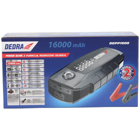 DEDRA powerbanka se startem motoru 16Ah, start.proud 800A, špičkový 1600A, DEPP1600