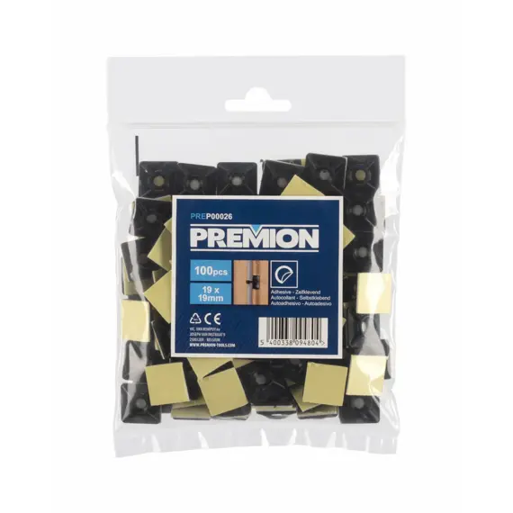 PREMION kabelová příchytka samolepící černá 19*19mm, 100ks, PREP00026