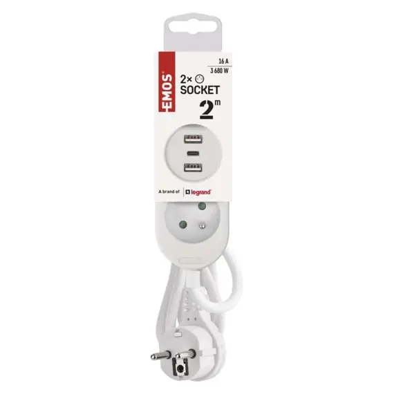 EMOS prodlužovací kabel 2 m, 2 zásuvky, 2*USB-A, 1*USB-C, bílý, PVC, 1 mm2 , P0212U
