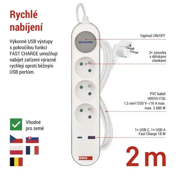 EMOS prodlužovací kabel 2m, 3 zásuvky s vypínačem, bílo-šedý, 1*USB-A, 1*USB-C, 1,5 mm2, P1312FC