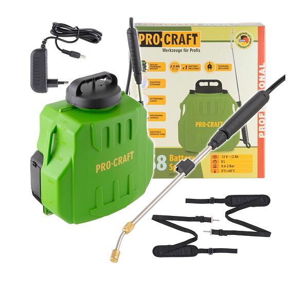 PROCRAFT AS8 aku postřikovač 8l, 12V/2Ah, průtok max.0,5l/min., příslušenství