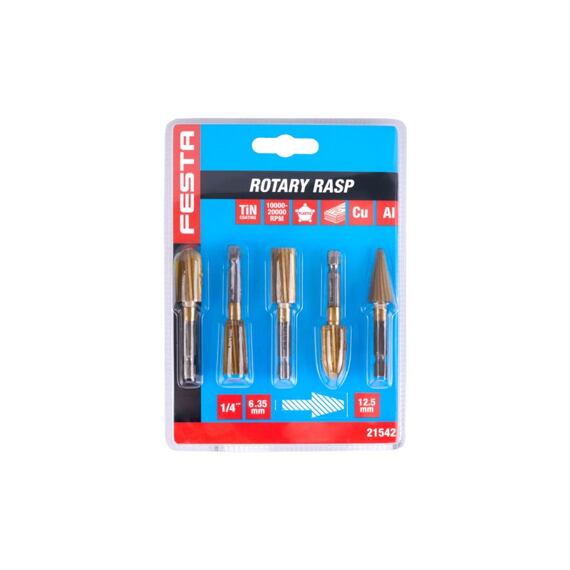 FESTA sada rotačních rašplí tvarových TiN, stopka 1/4", 5ks, plast, měkké kovy,