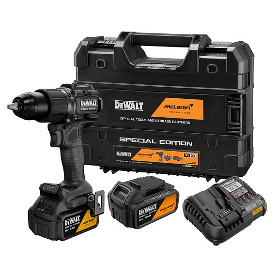 DeWalt DCD86MP2T aku příklepová vrtačka 18V/2*5Ah, 90Nm, 0-650/2000 ot./min., edice McLaren F1