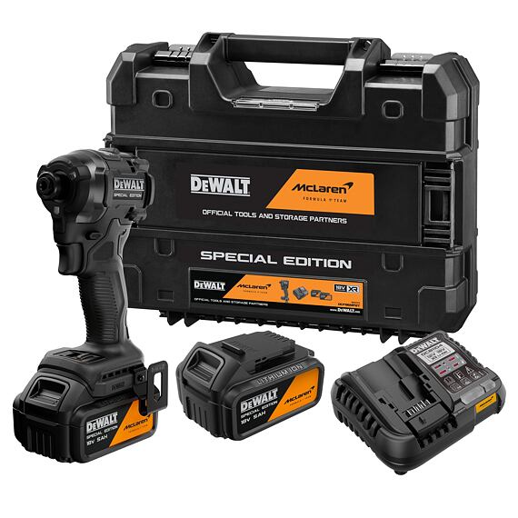DeWalt DCF86MP2T aku rázový utahovák 18V/2*5Ah, 1/4", 205Nm, edice McLaren F1