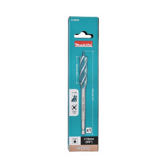 MAKITA E-26652 vrták do dřeva 16*165mm, čtyřbřitý, stopka šestihran 1/4"  i pro rázové utahováky