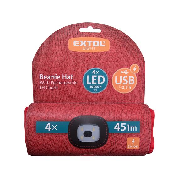 EXTOL Light čepice s čelovkou 4*45lm, nabíjecí, USB, červená, univerzální velikost 43198
