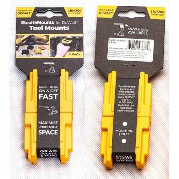 StealthMounts držiak na uloženie aku strojov DeWalt XR 18V i FLEXVOLT 60V, žltý, 1ks