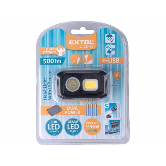 EXTOL Light čelovka LED, 500lm, 3,7V/1,Ah nebo AAA dual power, IR čidlo 43185