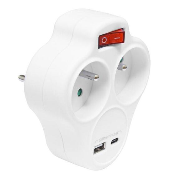 STREND PRO rozbočka 2* kulatá s vypínačem + 1*USB, 1*USB-C, (215721)