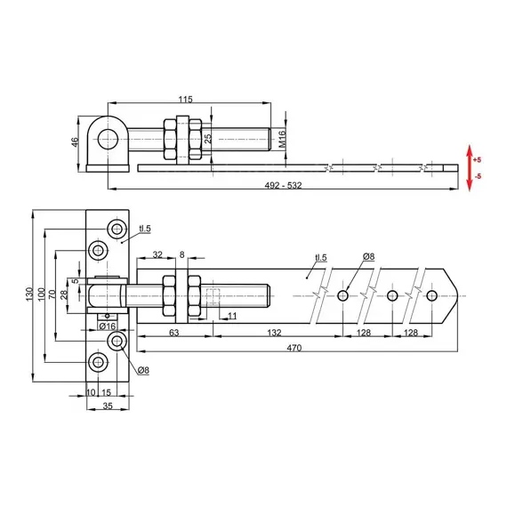 závěs seřizovatelný 470mm M16 na dřevěné dveře černý lak