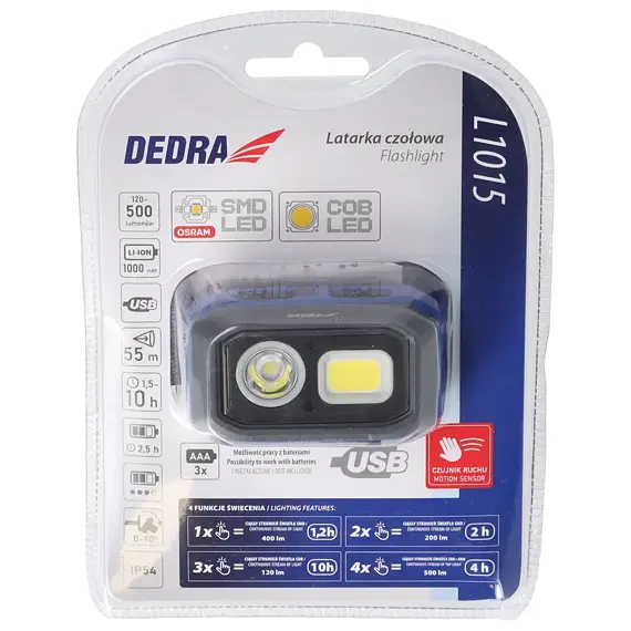 DEDRA čelovka LED COB 120 - 500lm, IP54, 3,7V/1Ah, USB-C, L1015