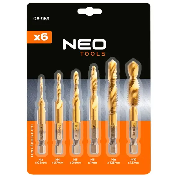 NEO sada závitových vrtáků 6-dílná, M3-M10, stopka 1/4" HEX, 08-959