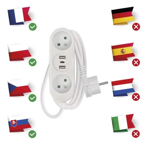 EMOS prodlužovací kabel 2 m, 2 zásuvky, 2*USB-A, 1*USB-C, bílý, PVC, 1 mm2 , P0212U