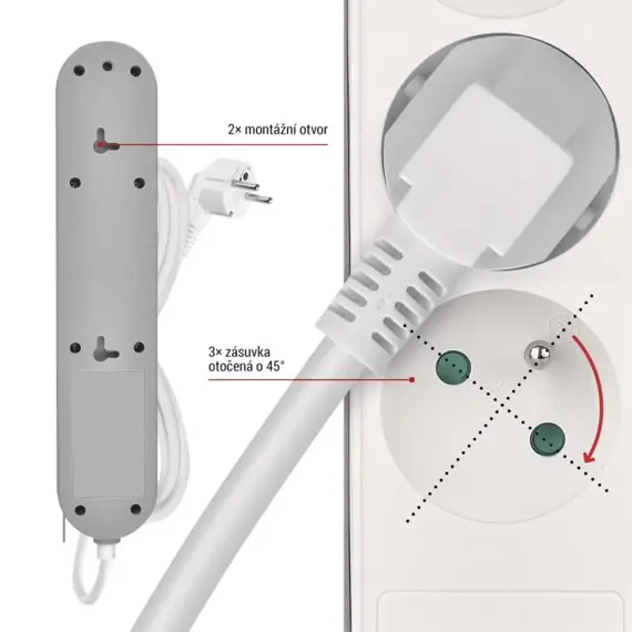 EMOS prodlužovací kabel 2m, 3 zásuvky s vypínačem, bílo-šedý, 1*USB-A, 1*USB-C, 1,5 mm2, P1312FC