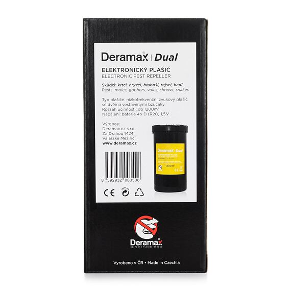 DERAMAX Dual vibračný elektronický plašič, (krtci, hraboše, hady), kruh 40m, zdroj 4 * veľké mono