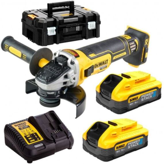 DeWalt DCG405H2T aku bezuhlíková úhlová bruska 125mm, 18V/2*5Ah PowerStack, kufr TSTAK