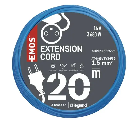 EMOS kabel 230V prodlužovací 20m/1Z SILIKON modrý, NEMRZNOUCÍ, 3*1,5mm IP44 P01420W