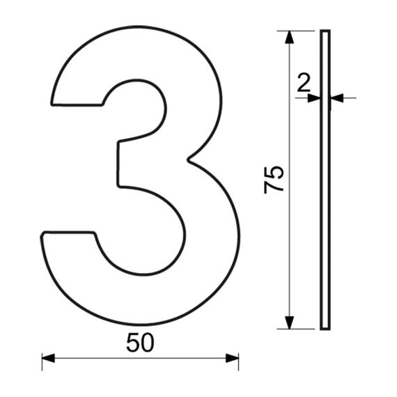 číslo domovní 3, 75mm, nerezové, ČERNÉ