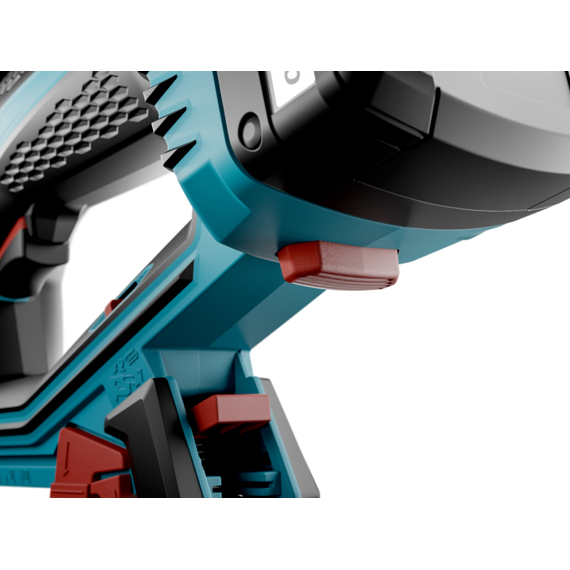 Dobíjecí baterie se uvolní stisknutím tlačítka; všechny funkční části sešívačky jsou červené.