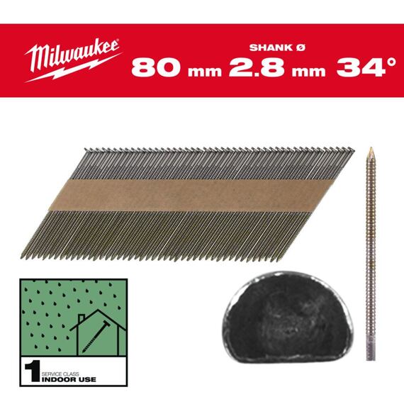 MILWAUKEE 4932492603 hřebíky 34 D hlava 80mm, kroužkový dřák, ocel RS B SC1 2200ks
