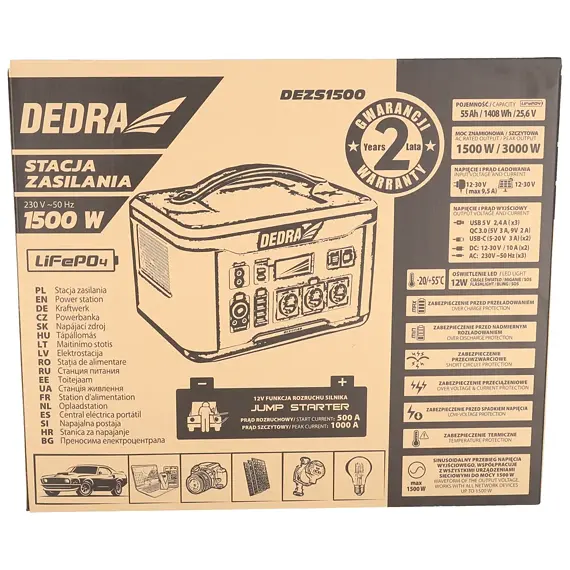 DEDRA DEZS1500 nabíjecí stanice/powerbanka 1500/3000W, 1408Wh, LiFePO4, 3*230V, DC 12V/10A, USB