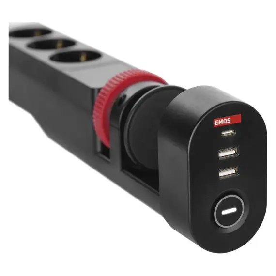 EMOS prodlužovací kabel 1,5m, 3 zásuvky, vypínač, uchycení na stůl, USB, černý, PVC, 1,5mm2 P1311PD