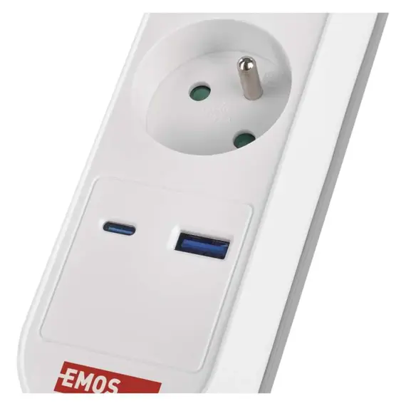 EMOS prodlužovací kabel 2m, 3 zásuvky s vypínačem, bílo-šedý, 1*USB-A, 1*USB-C, 1,5 mm2, P1312FC
