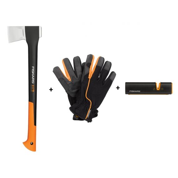 FISKARS set sekera X17 + ostřič Xsharp + rukavice, 10516