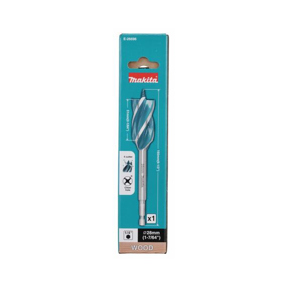 MAKITA E-26696 vrták do dřeva 28*165mm, čtyřbřitý, stopka šestihran 1/4" i pro rázové utahováky