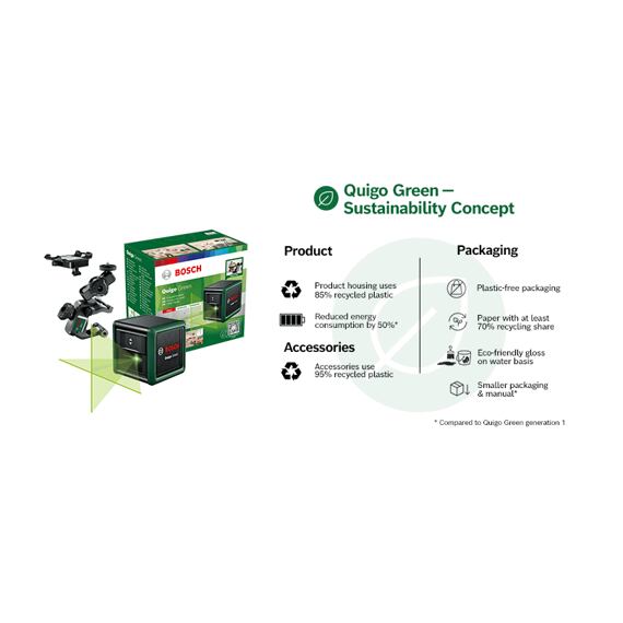 BOSCH Quigo GREEN krížový laser, zelený lúč, unidržiak MM2, 3*AAA batérie, rýchlomontážny adaptér