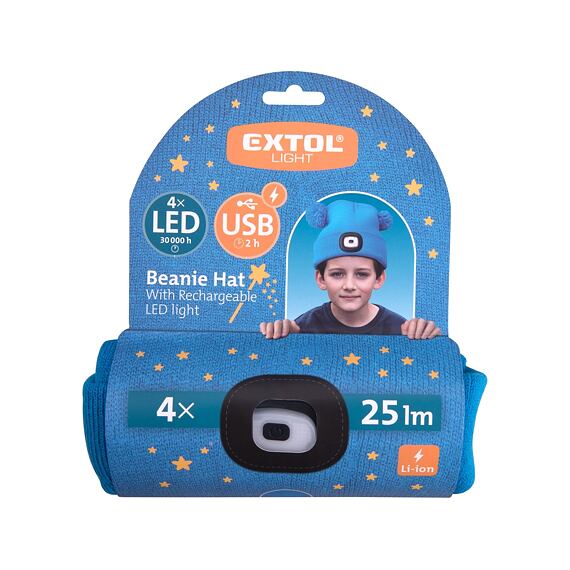 EXTOL Light čepice s čelovkou 4*25lm, nabíjecí, USB, modrá s bambulemi dětská, uni velikost 43459