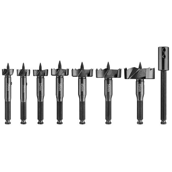 DeWalt DT4593 sada Forstnerových vrtáků 8-dílná, (25,28,32,38,45,54,65mm), prodlužovací kus 140mm
