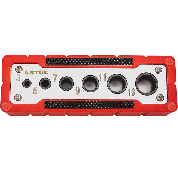 EXTOL Premium vrtací vodící šablona 3-5-7-9-11-13mm, středový úkos pro vrtání na hranu