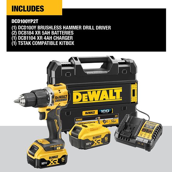 DeWalt DCD100YP2T aku příklepová vrtačka 18V/2*5Ah, 68Nm, 0-450/1650 ot./min., kufr