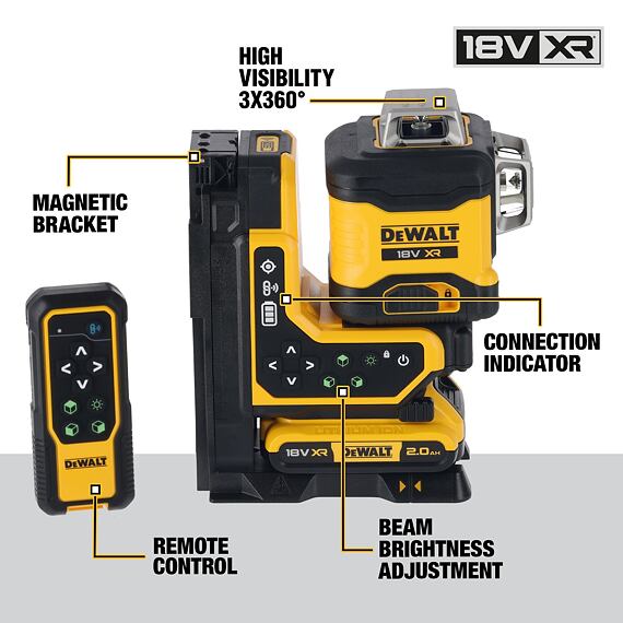 DeWalt DCLE34035D1 laser samonivelační 18V/2Ah XR, zelený, 3*360°, dálkové ovládání, TSTAK