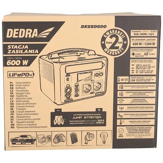 DEDRA DEZS0600 nabíjecí stanice/powerbanka 600/1200W, 640Wh, LiFePO4, 2*230V, DC 10-14,4V/10A