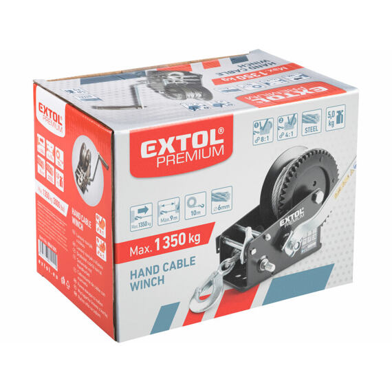 EXTOL Premium naviják lanový 1350kg, lano 6mm/10m,, dvourychlostní model, 8861305