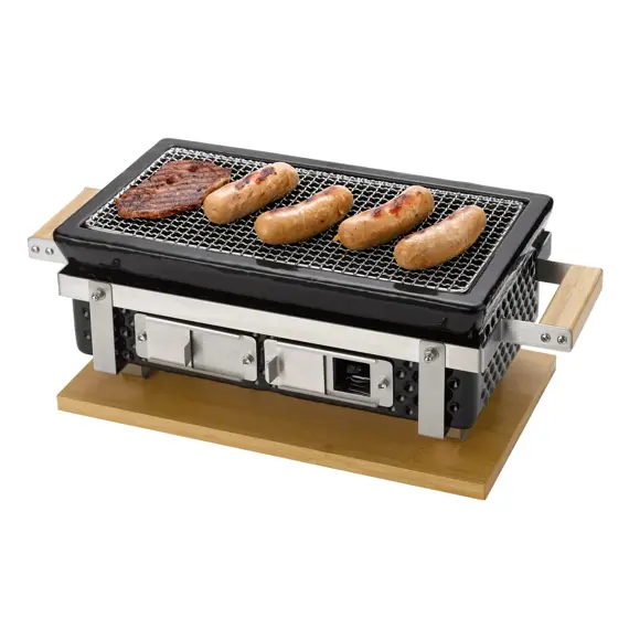 PROTECO Hibachi gril hranatý keramický na dřevěné uhlí, rošt 34,5*17cm, dřevěný podstavec