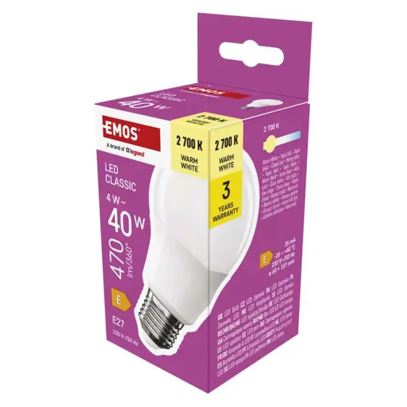 EMOS LED žárovka Classic A60, E27, 4W (40 W), 470 lm, teplá bílá ZQ5E21