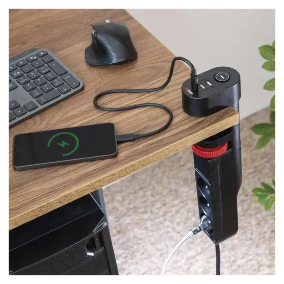 EMOS prodlužovací kabel 1,5m, 3 zásuvky, vypínač, uchycení na stůl, USB, černý, PVC, 1,5mm2 P1311PD